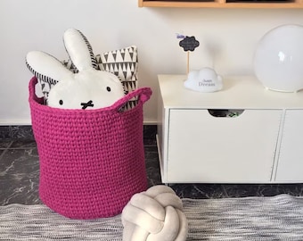 Large Crochet Basket, Toys Storage Bin, Round Laundry Hamper, Playroom Storing, Sturdy Cotton Container for Home Organization, Boho Decor