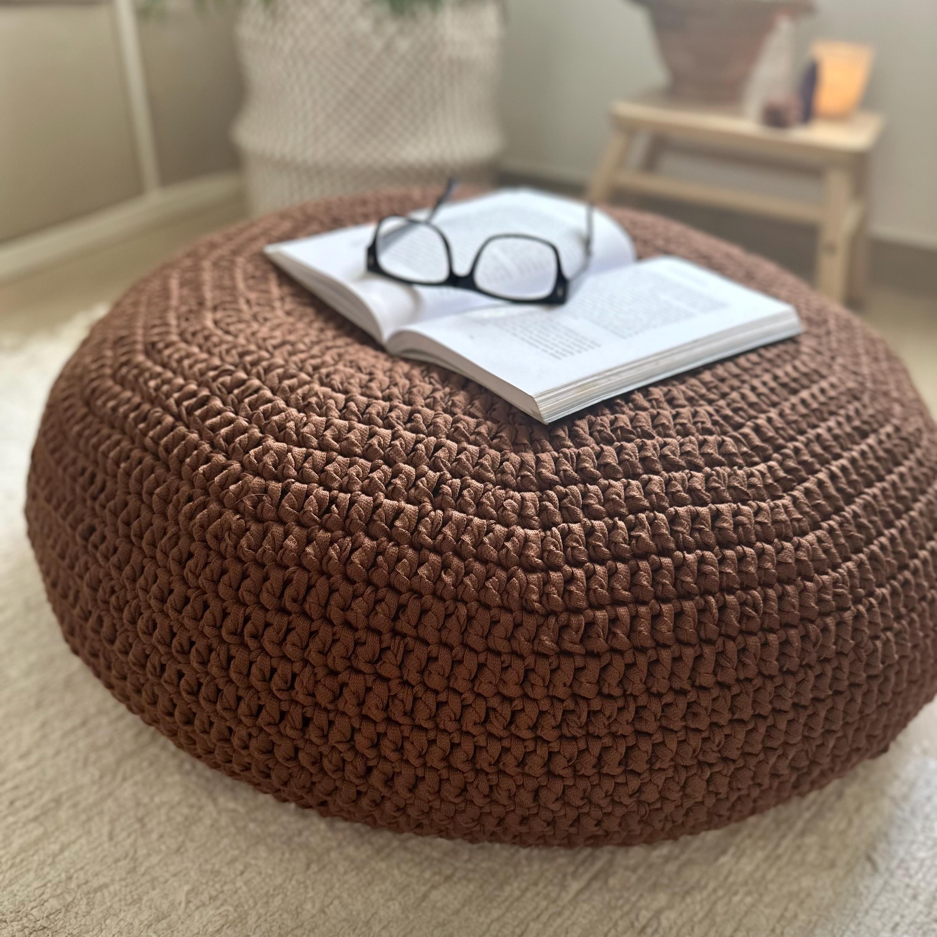 Large Zafu Meditation Cushion, Brown Floor Pillow Seating, Crochet