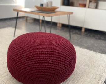 Crochet Pouf Ottoman, Cotton Floor Seating Pillow, Round Footstool Pouffe, Boho Home Decor