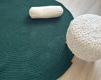 Green Crochet Round Rug - Washable Eco Cotton - Boho Chic Home Decor