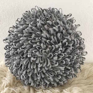 Round Knit Fringed Pillow, Silver Grey Sparkling Throw Pillow with Fringes, Festive Pillows, Unique Wedding Boho Gift