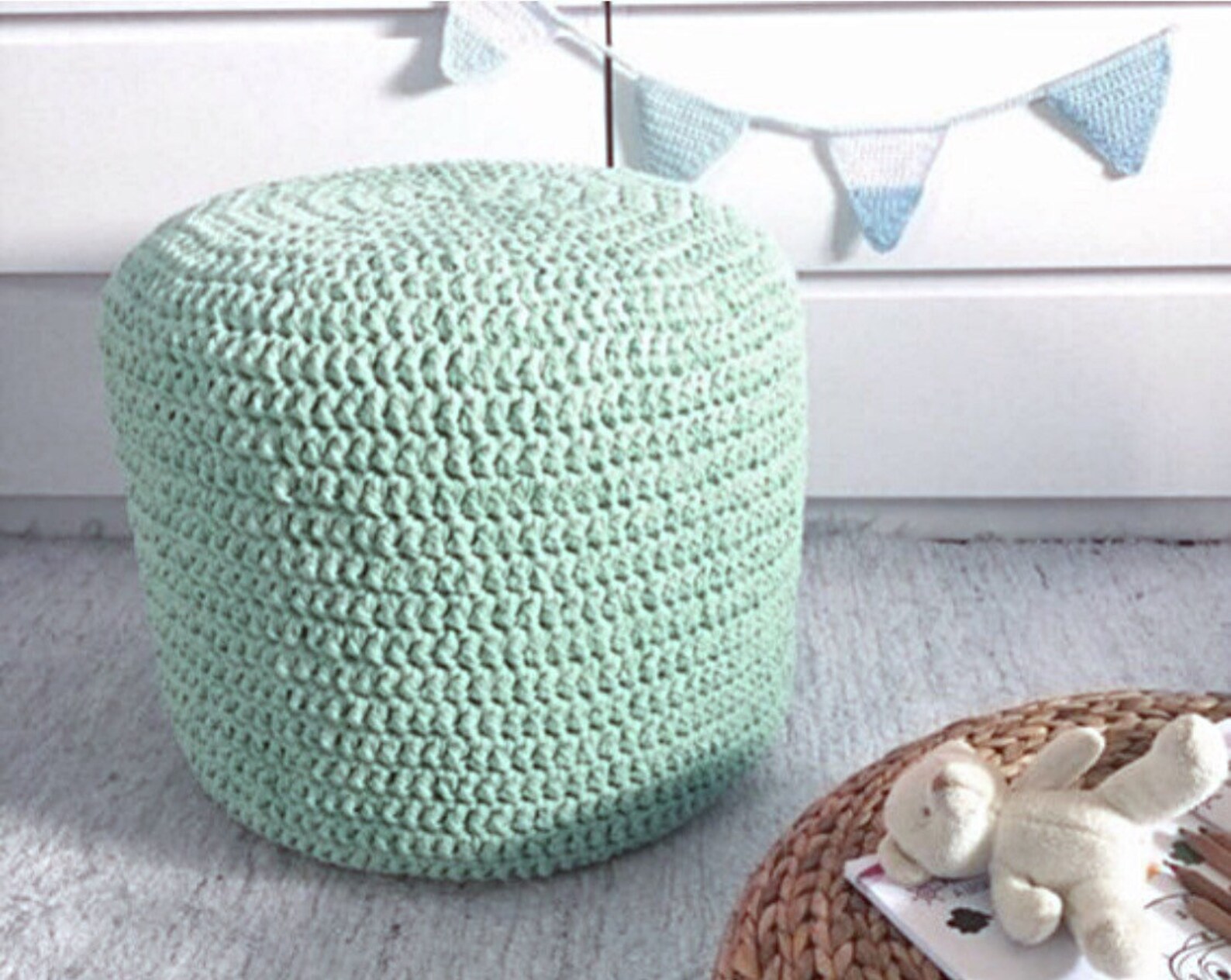 Light Mint Round Knit Pouf Ottoman Chunky Crochet Pouffe Etsy