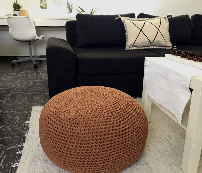 Brown Round Ottoman Coffee Table Boho Gift Large Seat Cushion Crochet Footstool Pouffe Living Room Furniture Home Living