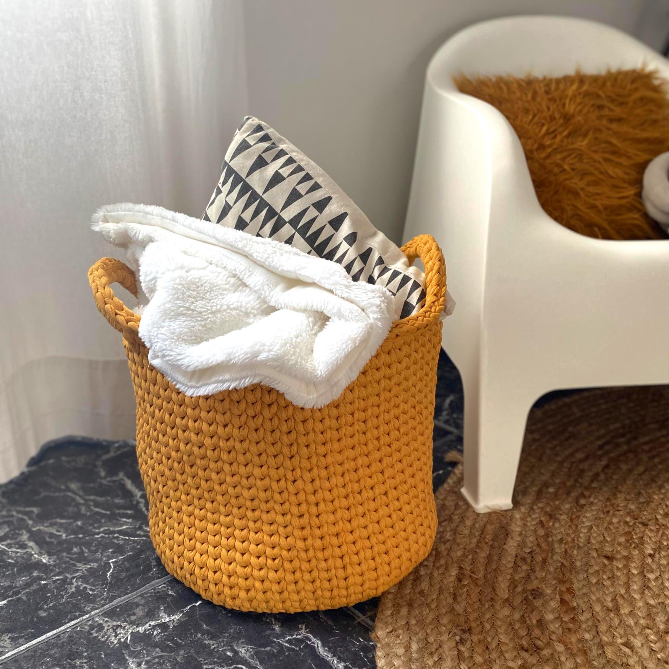 大きなコットンかぎ針編みバスケット、丸型ベビー用品収納ボックス