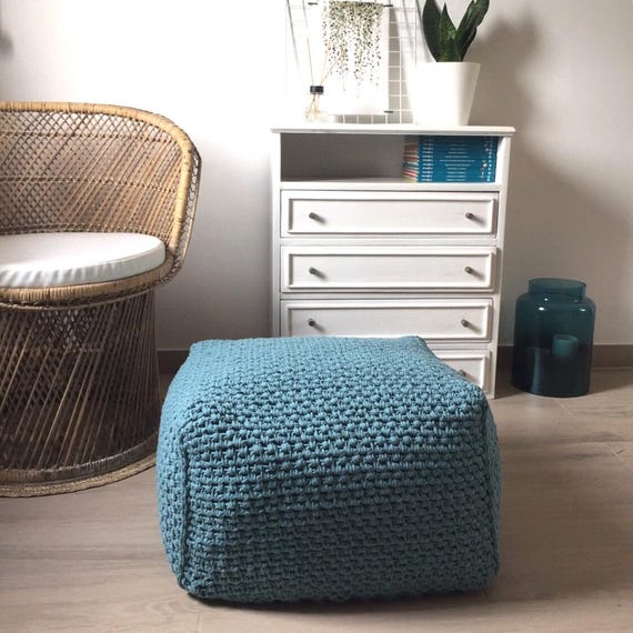 Custom Crochet Ottoman Slipcover: Square Stool Cover, Chunky Knit Cotton Pouf Cover
