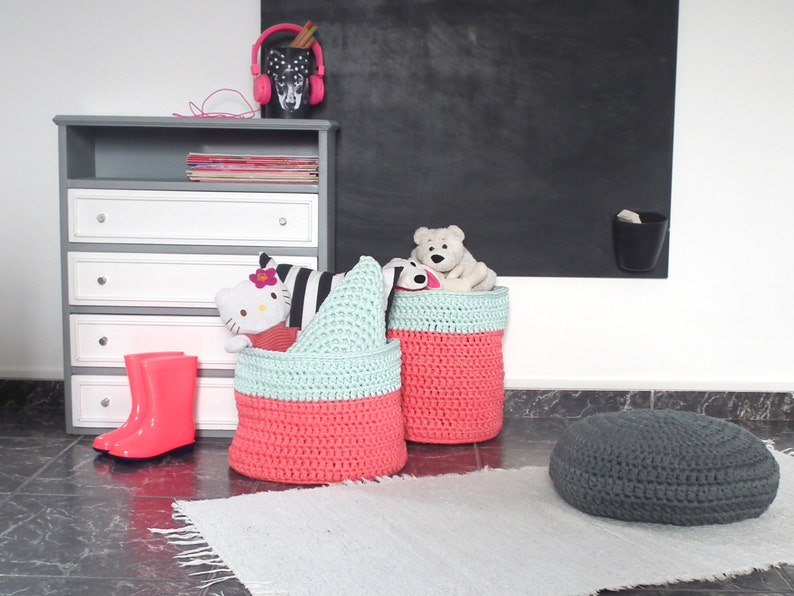 Modern Laundry Hamper Home Organization Large Coral Pink Crochet Basket Two Tones Color Block Toy Basket Kids Room Storage Bin