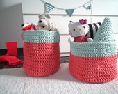 Large Coral Pink Crochet Basket, Kids Room Storage Bin, Two Tones Color Block Toy Basket, Modern Laundry Hamper - Home Organization