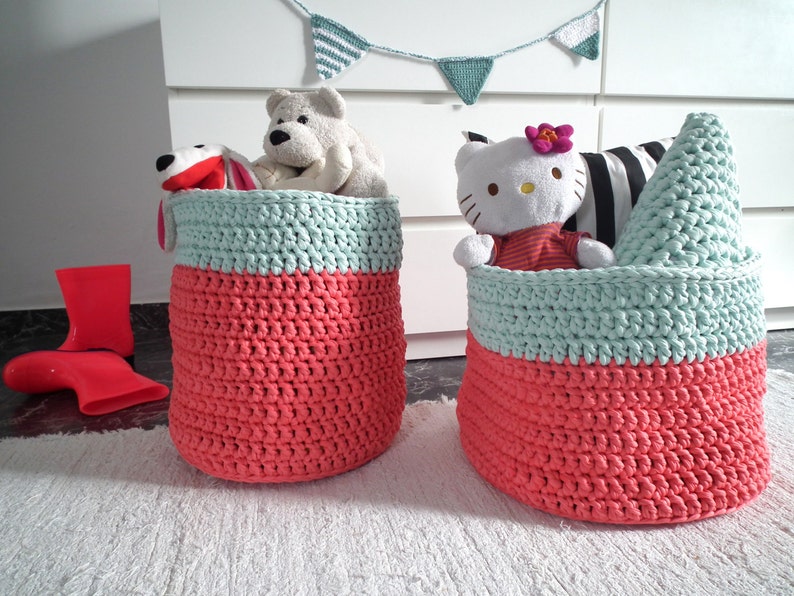 Modern Laundry Hamper Home Organization Large Coral Pink Crochet Basket Two Tones Color Block Toy Basket Kids Room Storage Bin