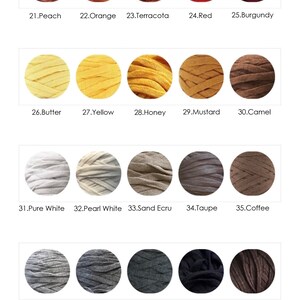 May include: A color chart featuring swatches of fabric in various shades, including peach, orange, red, yellow, and gray. Each swatch is labeled with a number and color name, such as "21. Peach" and "39. Black."
