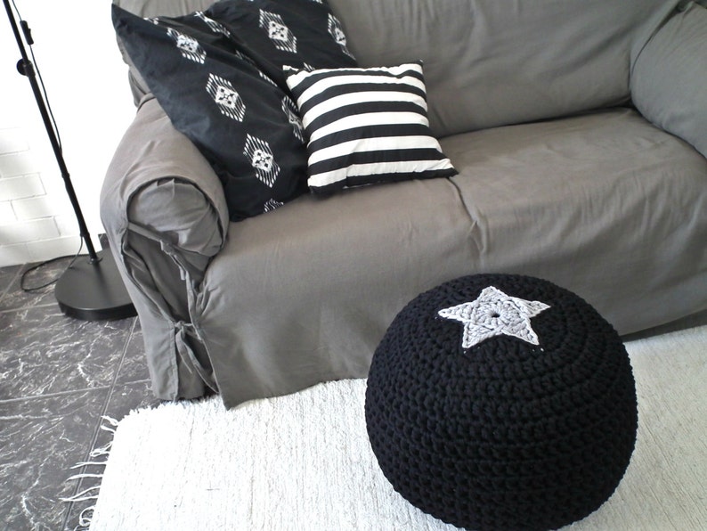 Knit Footstool Pouffe for Modern Nursery Decor Round Crochet Pouf Ottoman with Star Pale Blue Kids Floor Seating Toddler Birthday Gift