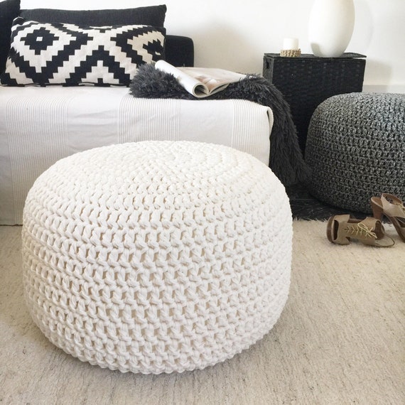 Large Chunky Knit Pouffe Pearl Round Ottoman Coffee Table Boho Farmhouse Furniture Home Decor Gift Etsy
