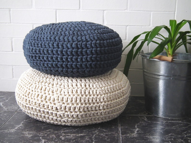 Crochet Floor Cushion, Meditation Floor Seating Pillow, Stuffed Zafu Pouf, Wabi Sabi Decor, Hand Knit Round Pouffe