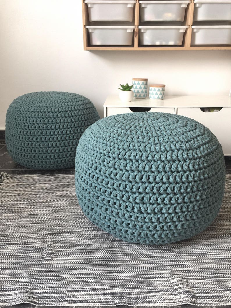 Petrol Blue Crochet Pouf Ottoman Teal Round Knit Footstool Etsy