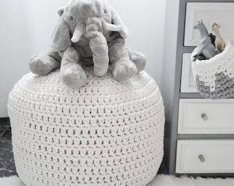 Pure White Crochet Pouf, Chunky Cotton Round Ottoman, Sturdy Footstool Pouffe, Modern Kids Room Floor Seating Pillow, Scandinavian Furniture