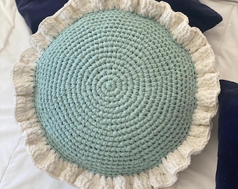 Almofada redonda de crochê, almofada de algodão com babados em verde menta claro, decoração estilo casa de campo francesa.