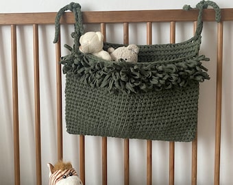 Organizador de bolso para berço em crochê, bolsa de armazenamento boho para berçário com franjas, organizador de cabeceira em algodão ecológico.