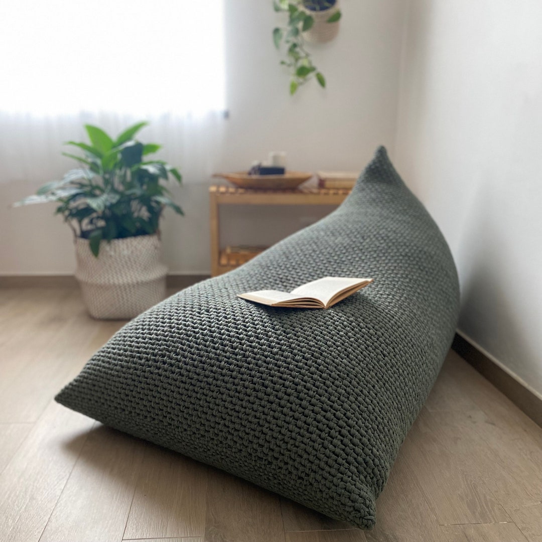 Funda de puf tejida, tumbona verde para adultos y niños, cómodos