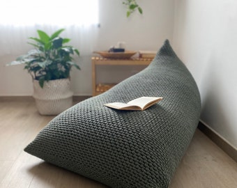 Knitted Bean Bag Chair Cover, Green Lounger for Adults and Kids, Comfy Floor Seating Pillows, Reading Nook Cushions, Scandinavian Furniture