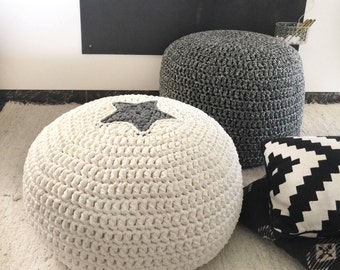 Crochet Ottoman Pouf with Star Design, Round Footstool Pouffe, Scandinavian Kids Room Furniture, Modern Nursery Decor, Unique Handmade Gift