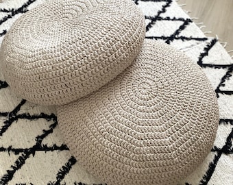 Almofada de chão redonda grande para meditação, pufe de crochê bege claro, estilo Wabi Sabi