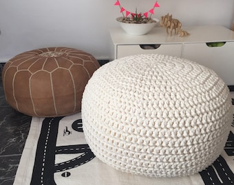 Chunky Knitted Pouffe, Pearl White Round Ottoman Footstool Pouf - Neutral Scandi Furniture, Modern Housewarming Gift