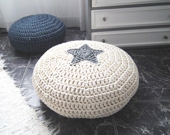 Round Knit Floor Pouf with Star, Off White Futon Floor Cushion for Kids, Modern Baby Nursery Decor