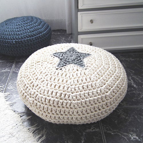 Round Knit Floor Pouf with Star, Off White Cushion Seating for Kids, Modern Baby Room Decor