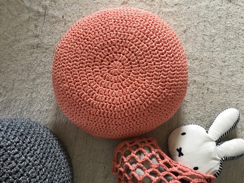 Peach Round Ottoman Pouf, Coral Crochet Footstool Pouffe, Nursery Furnishing, Modern Baby Room Decor, Mother Handmade Gift image 8