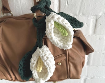 Crochet Flower Bag Charm, Floral Calla Lily Purse Keychain, Botanical Gift