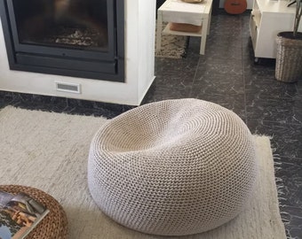 Extra Large Bean Bag Chair, Neutral Knitted BeanBag Pouf, Round Floor Pillow Seating, Modern Living Room Furniture