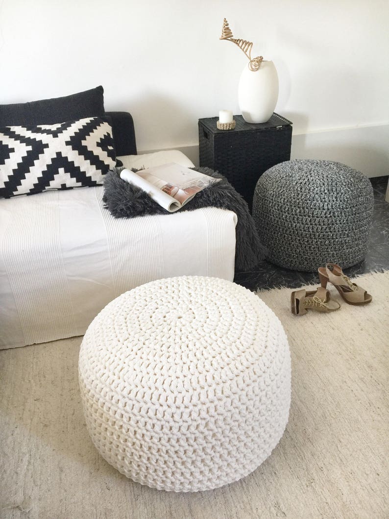 Large Chunky Crochet Pouf Ottoman Pearl Round Coffee Table Etsy