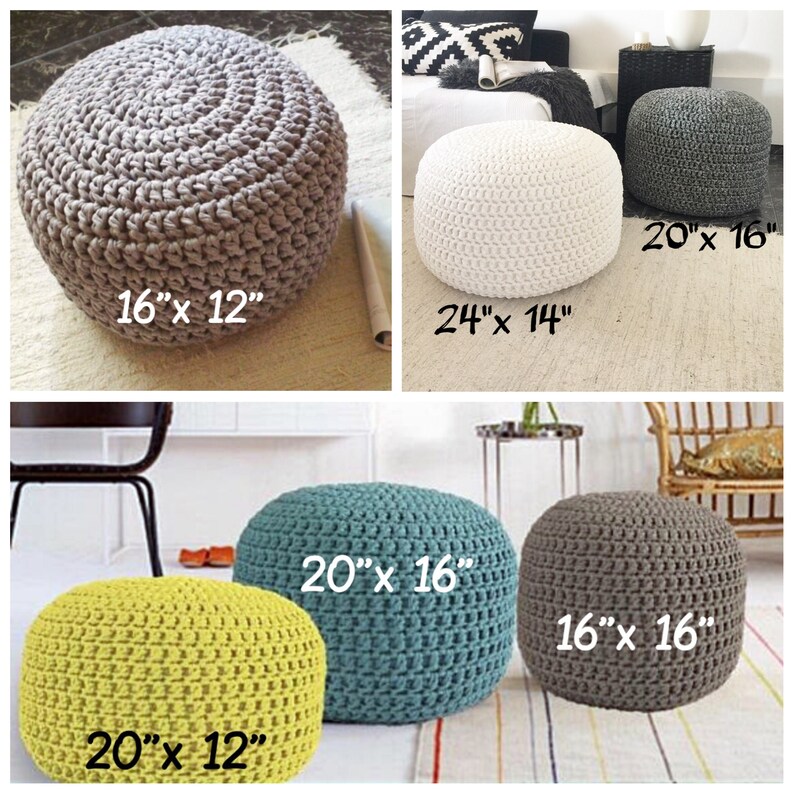 May include: A collection of handmade crochet poufs in various colors, including gray, white, yellow, teal, and gray. The poufs vary in size, with the largest measuring 24 inches in diameter and 14 inches high. The smallest is 16 inches by 12 inches.