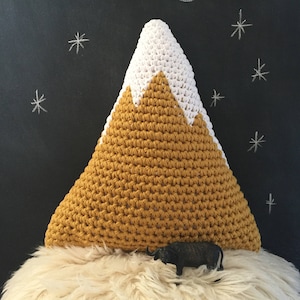 Mustard Snowy Mountain Pillow, Woodland Nursery Decor, Large Crochet Mountain Accent Pillow, Earthy  Lovers Gift