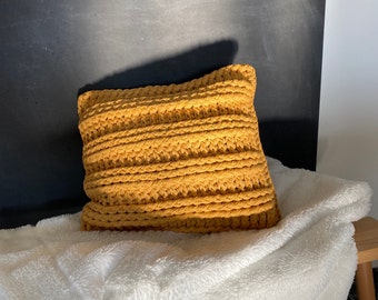 Mustard Chunky Knit Pillow, Decorative Square Cushion, Modern Scandinavian Home Decor