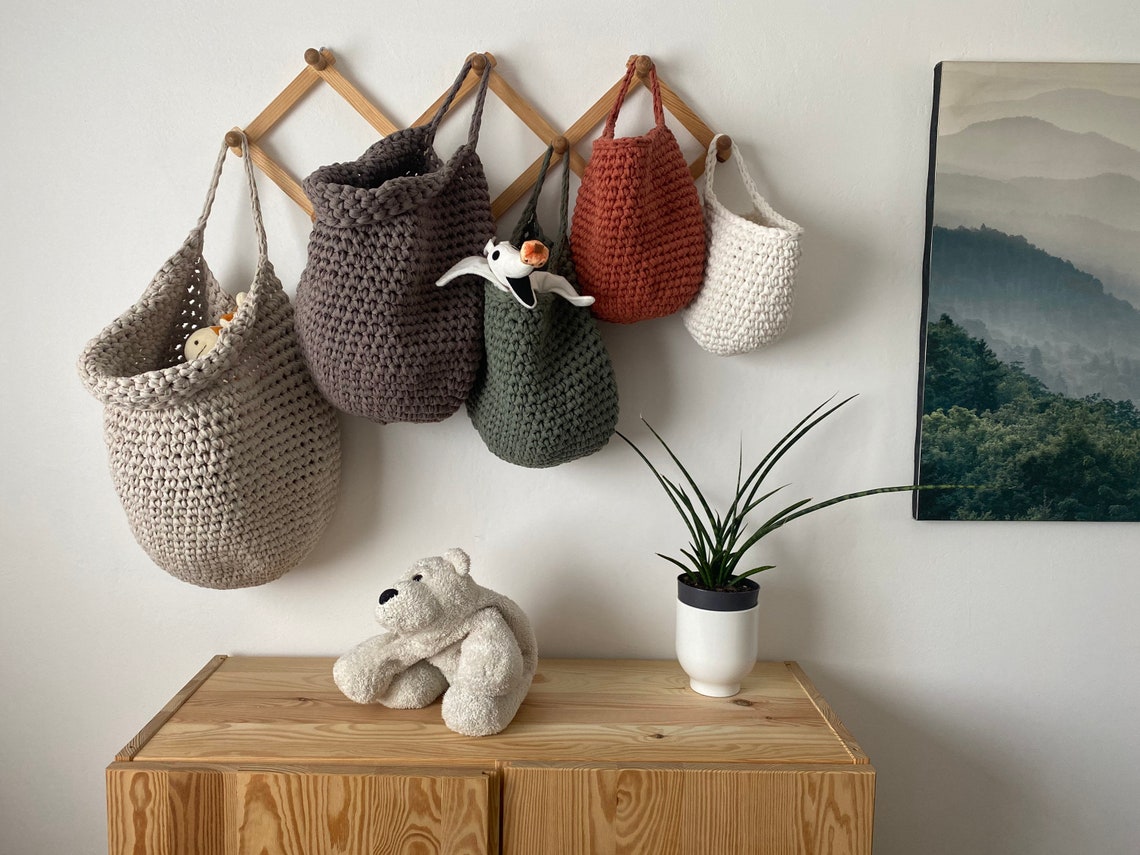 Crochet Wall Hanging Basket Earth Tones Storage Bags Chunky Etsy