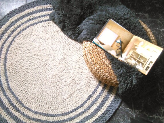 Elfenbein Grau Hakeln Runden Teppich Gestrickte Teppich Etsy