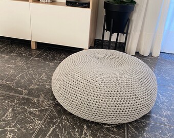 Puf de suelo de punto grueso: cojín bohemio redondo de algodón ecológico,  asiento de suelo grande