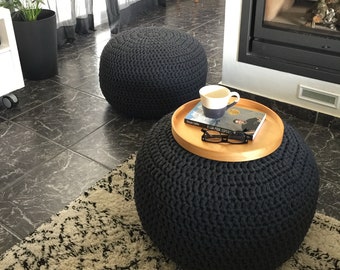 Black Chunky Knit Pouf, Round Crochet Ottoman, Modern Footstool Pouffe - Industrial Home Decor