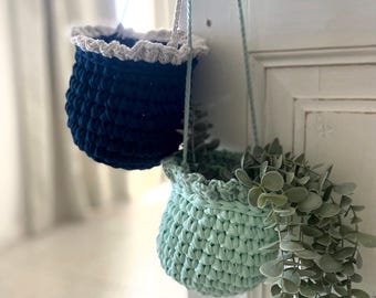 Crochet Hanging Basket, Mint Green Ruffle Plant Pot Holder - Romantic Mothers Gift