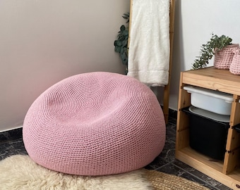 Large Knit Bean Bag Chair, Light Pink Round Floor Pillow Seating, Kids Room Decor