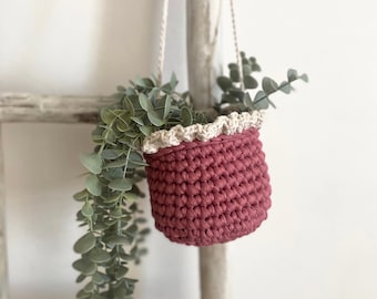 Crochet Hanging Basket, Dusty Pink Small Storage with Ruffled Edge, Cottagecore Nursery Decor
