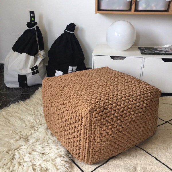 Housse de pouf carrée en grosse maille, Housse de pouf en coton écologique, Housses amovibles pour siège de maison, Meubles durables