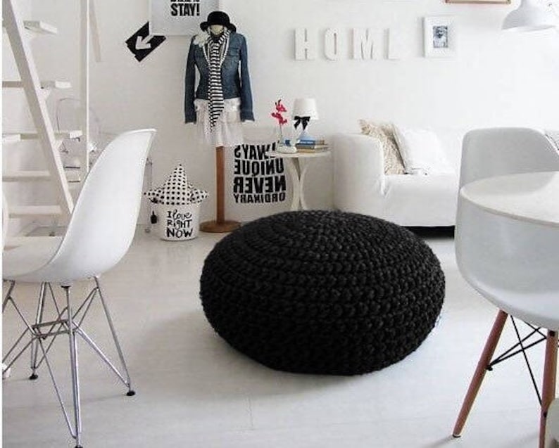Black Crochet Pouf Ottoman Large Round Floor Pillow Seating Image 0
