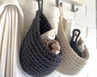 Crochet Wall Hanging Basket, Eco Cotton Teardrop Home Organizer, Bathroom Storage