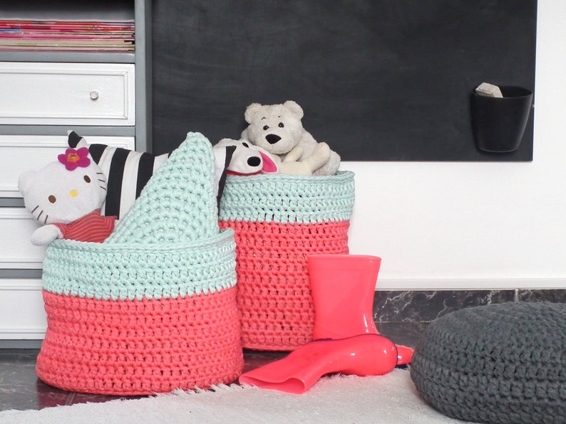 Modern Laundry Hamper Home Organization Large Coral Pink Crochet Basket Two Tones Color Block Toy Basket Kids Room Storage Bin