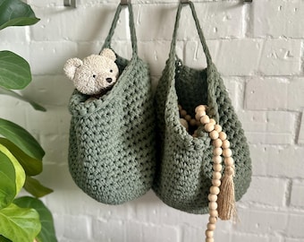 Cesto suspenso de crochê, organizador doméstico ecológico, organizador boho para quarto de bebê