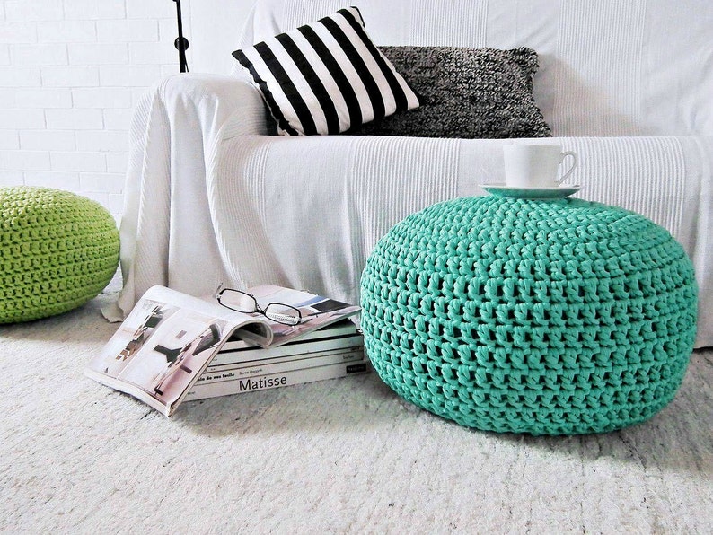 Round Knit Mint Pouf Ottoman, Crochet Floor Pillow Seating, Sturdy Footstool Pouffe, Coastal Beach Decor