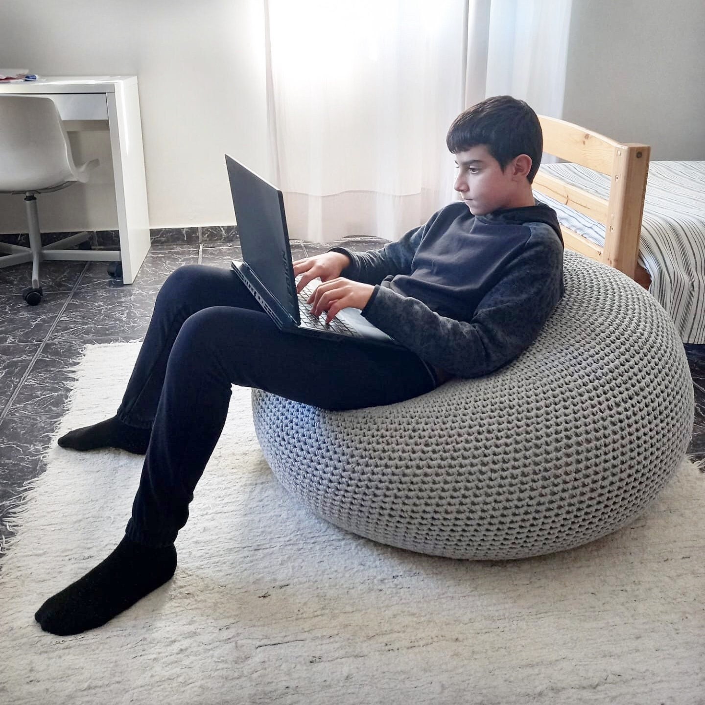 Large Knit Bean Bag Chair Round Floor Pillow Seating Modern Kids