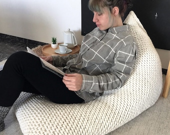 Knitted Bean Bag Chair, Recycled Cotton Lounger for Kids, Teens, Adults - Scandinavian Furniture
