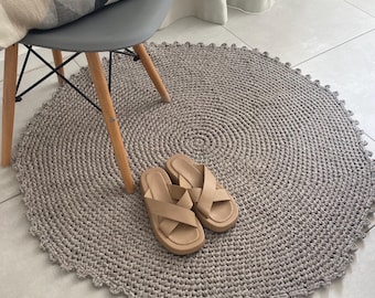 Tapete redondo de crochê, tapete macio de algodão ecológico, tapete em tom taupe suave, decoração japonesa.